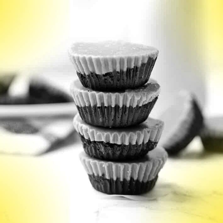 Stack of black and grey peanut butter cups