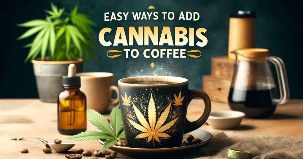 Easy Ways to Add Cannabis to Coffee with a coffee mug that has cannabis designs on it, as well as tincture and coffee in the background.
