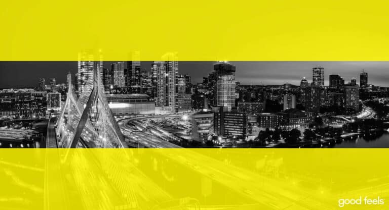 Good Vibes edited photo of the Boston skyline from the Zakem Bridge