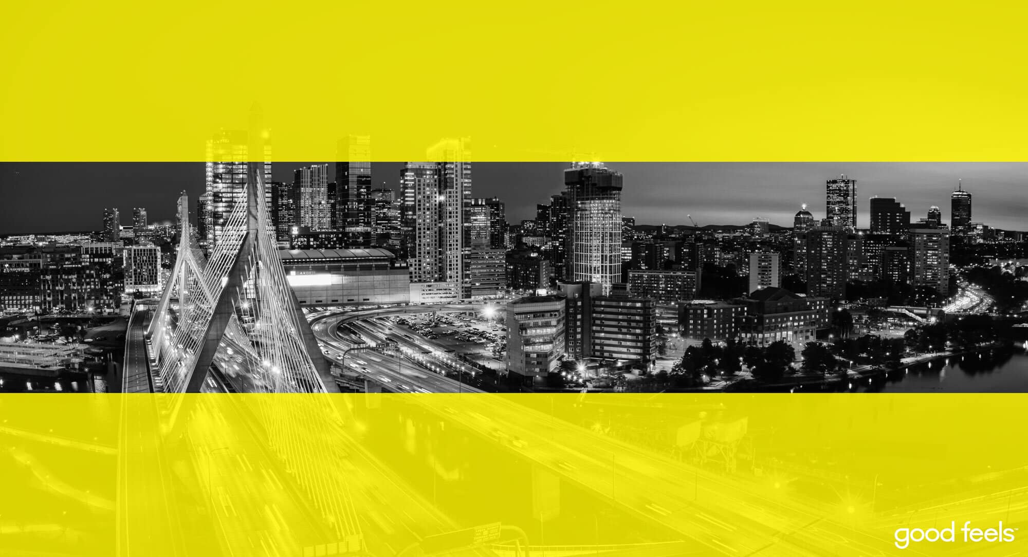 Good Vibes edited photo of the Boston skyline from the Zakem Bridge