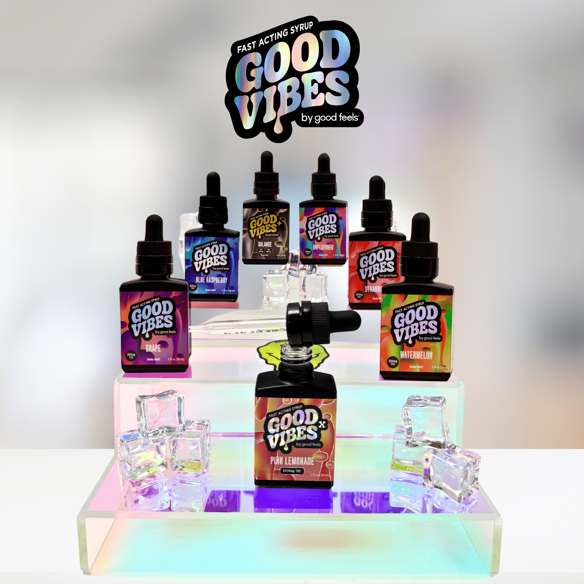Good Vibes holographic display with a variety of their fast-acting THC syrup flavors
