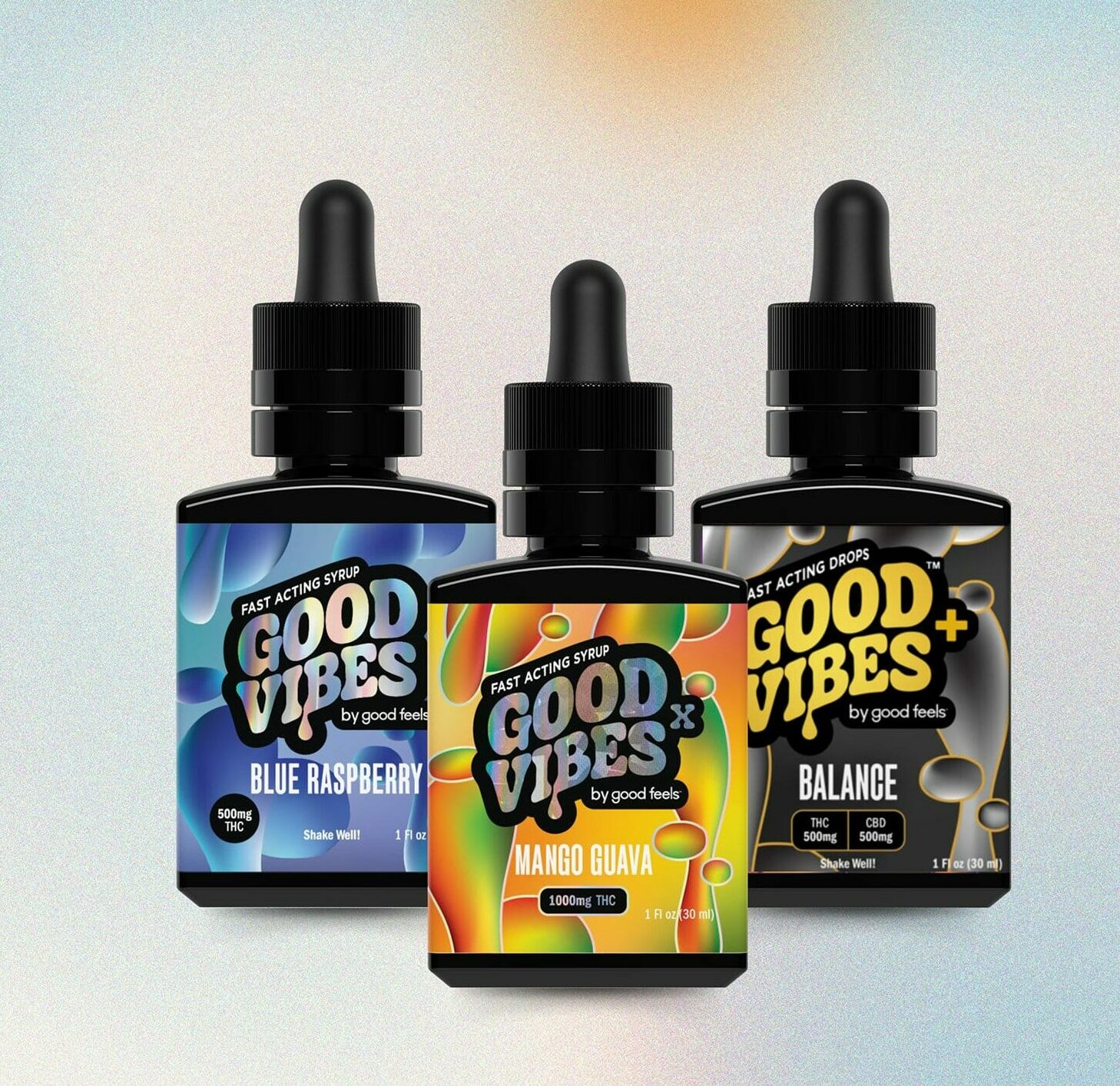 Good VIbes X, Good Vibes +. and Good Vibes Bottles on blurred gradient background
