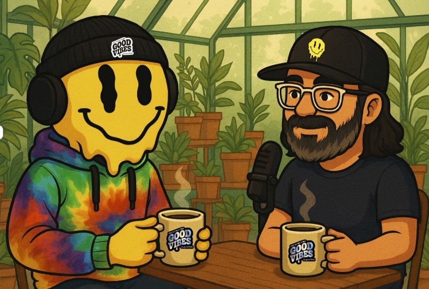 Jason Reposa and Smiley Cartoon- both in Black Good Vibes hats talking over a cup of coffee on his podcast