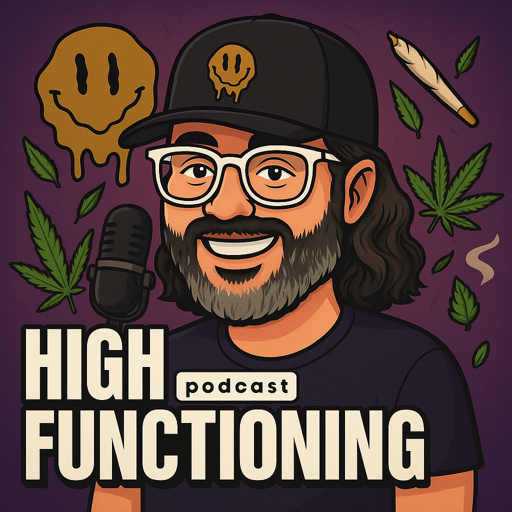 Jason Reposa Cartoon Character in black shirt and hat with smiley on it for the High Functioning Podcast- cannabis elements and drippy smiley face in background