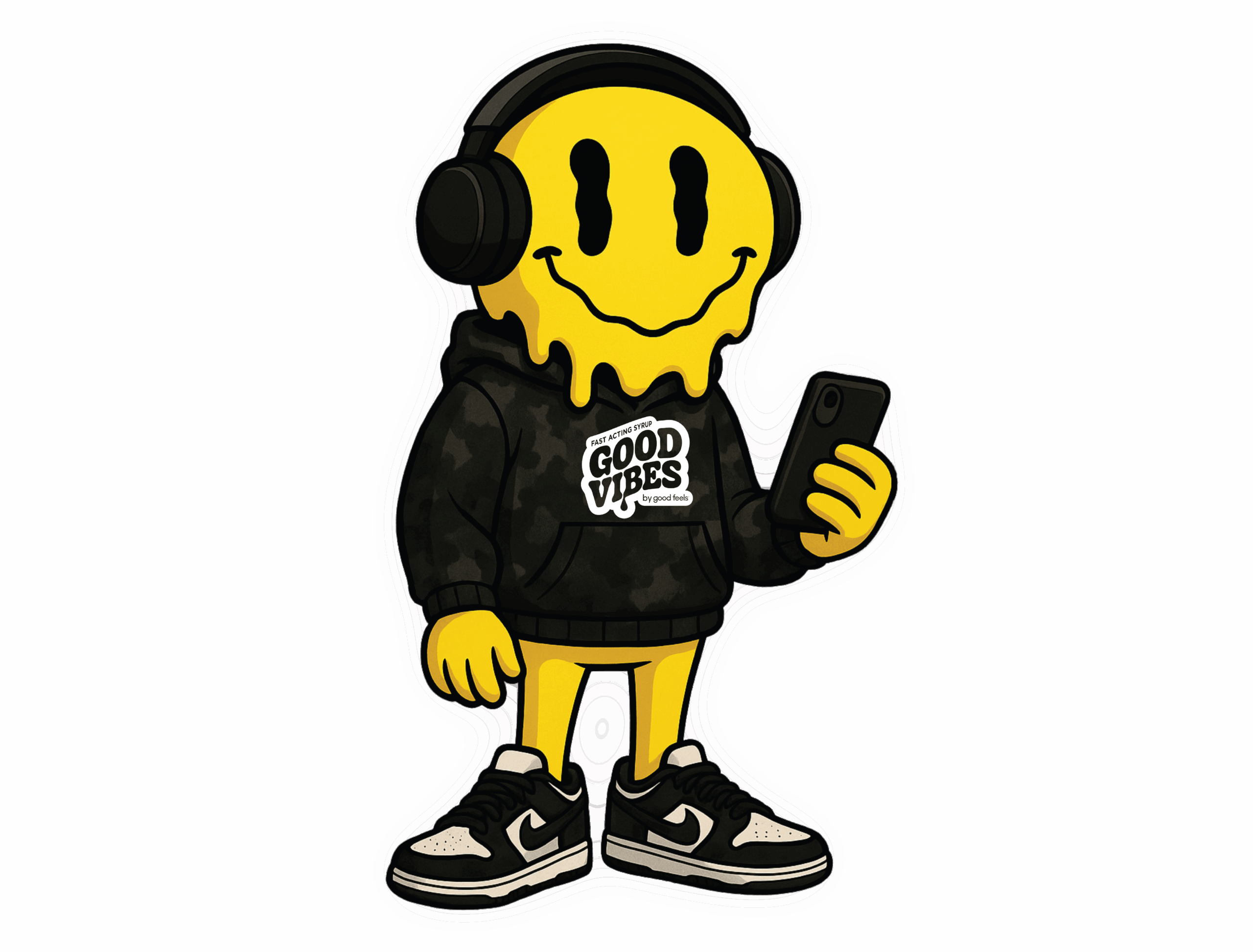 Smiley mascot wearing good vibes hoodie and headphones standing up on his phone wearing black and white nike sneakers