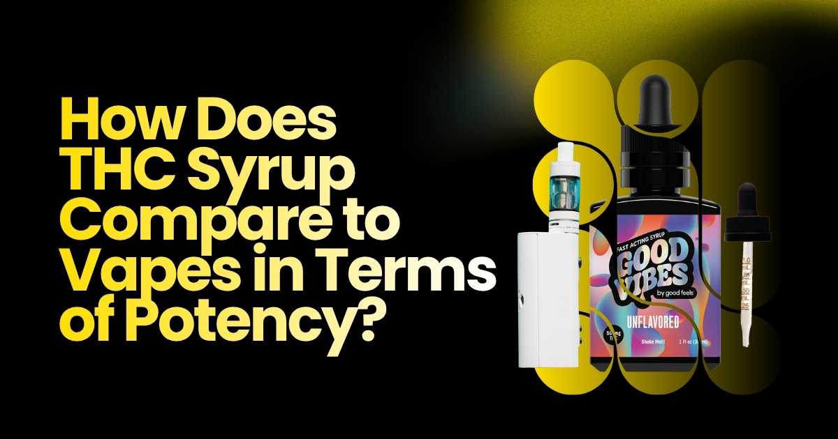 THC syrup and vape pen alongside Good Vibes syrup bottle, comparing potency between them.