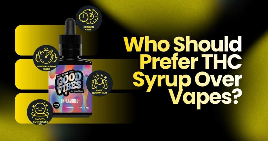 Good Vibes THC syrup bottle with key benefits, explaining who should prefer it over vapes.