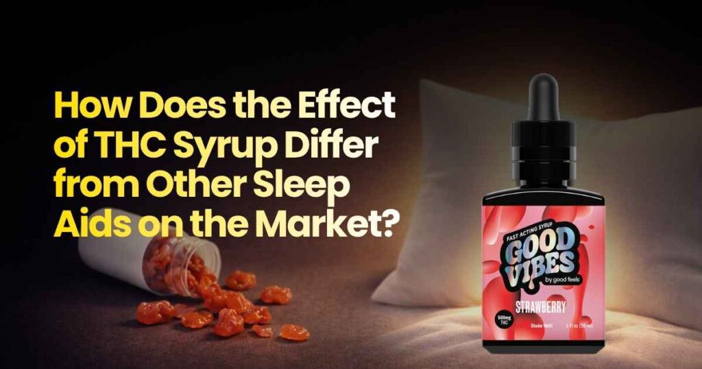 THC syrup bottle with spilled gummies and text “How Does the Effect of THC Syrup Differ from Other Sleep Aids on the Market?” on a nighttime setting
