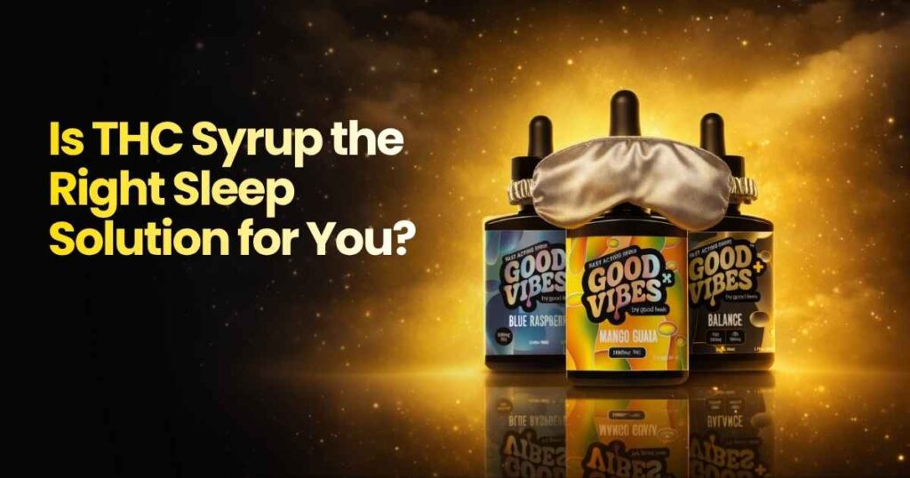 Three THC syrup bottles with a sleep mask and text “Is THC Syrup the Right Sleep Solution for You?” on a glowing night background
