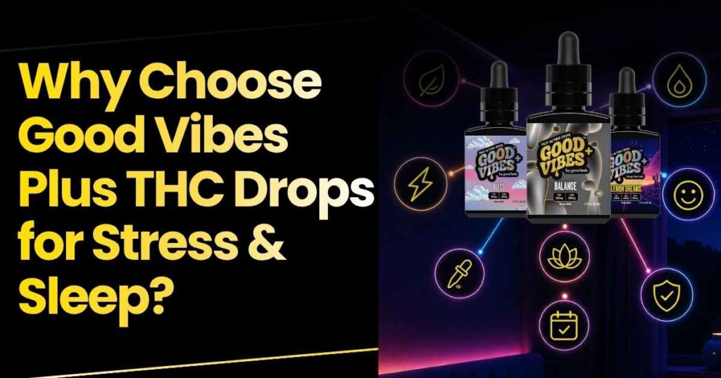 Good Vibes Plus THC drops for stress relief and better sleep support.