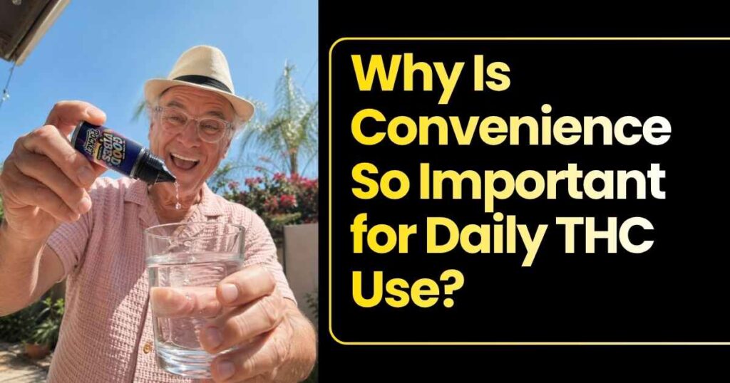 Man pouring THC syrup into glass of water outdoors for convenient daily THC use
