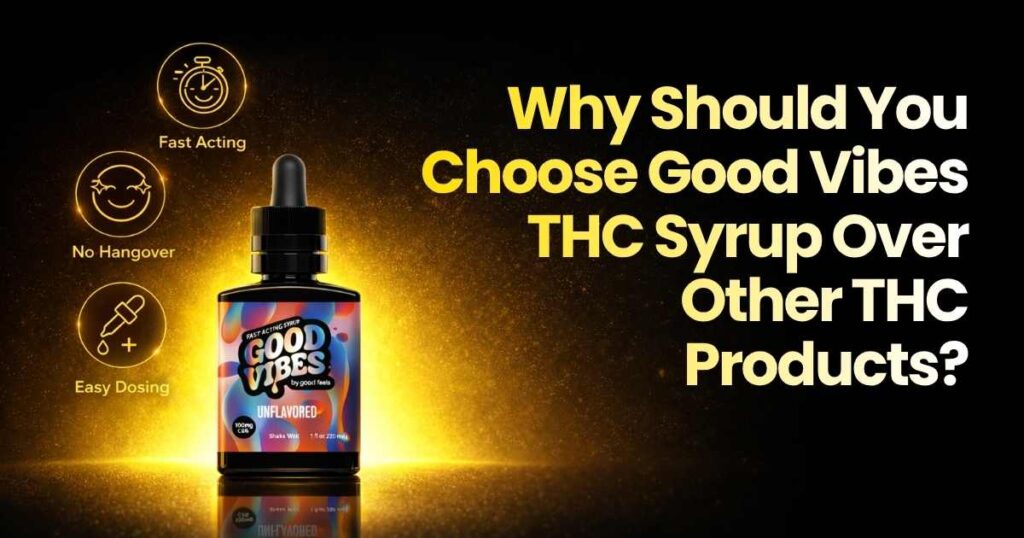 Good Vibes Unflavored THC Syrup bottle with icons representing fast-acting, no hangover, and easy dosing.