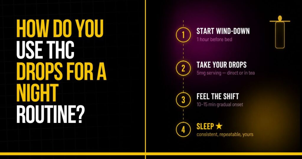 Step-by-step nighttime routine using THC drops before bed with gradual 10–15 minute onset
