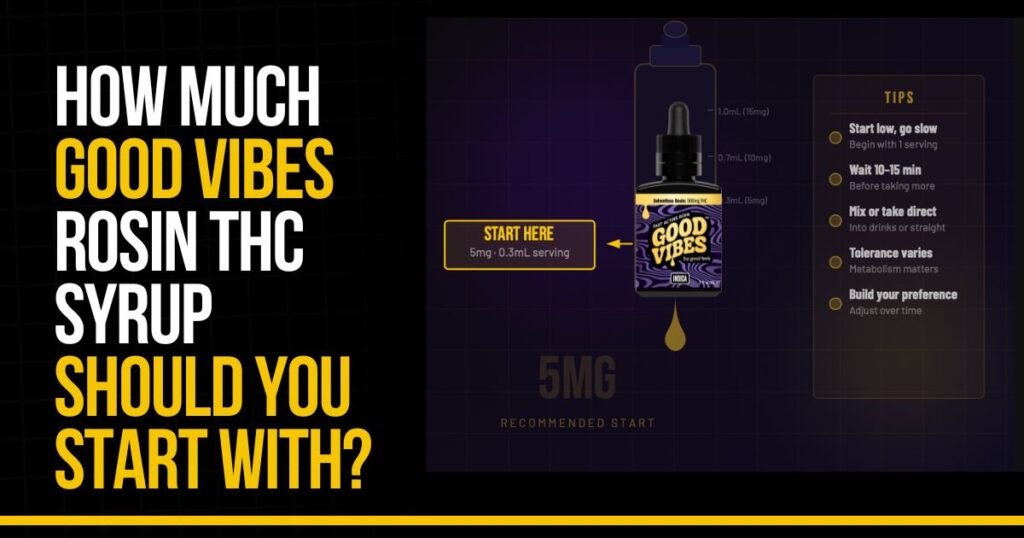 Good Vibes rosin THC syrup dosage showing 5mg starting dose and cannabis syrup tips.