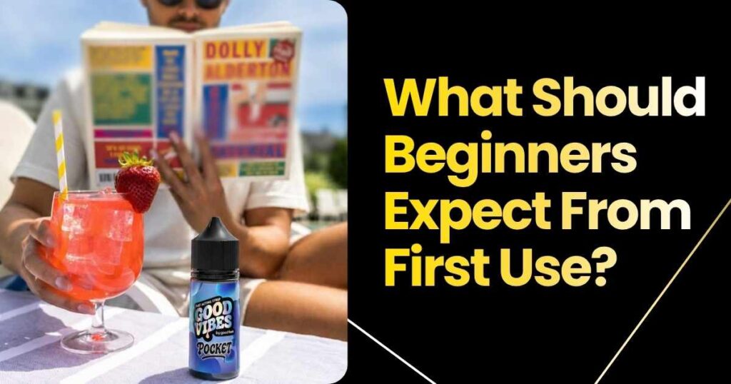 Person enjoying a drink with Good Vibes Pocket THC Syrup, reading a book, perfect for beginners