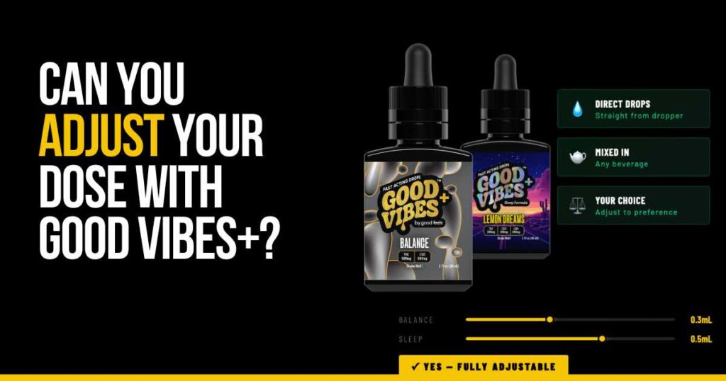 Good Vibes+ THC drops with adjustable THC dosing for personalized cannabis effects.