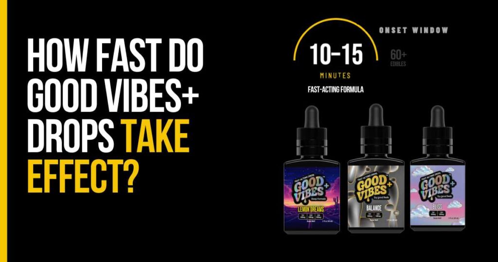 Good Vibes+ THC drops with fast-acting formula showing effects in 10 to 15 minutes.