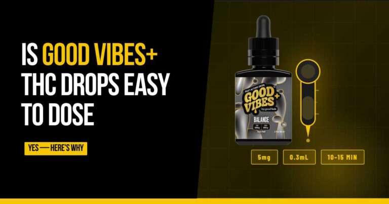 Good Vibes+ THC Drops bottle with dropper showing precise THC dosing and fast onset time.