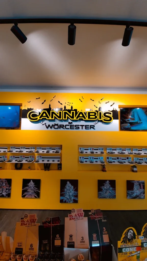 A retail sign anchoring the display at Cannabis of Worcester.