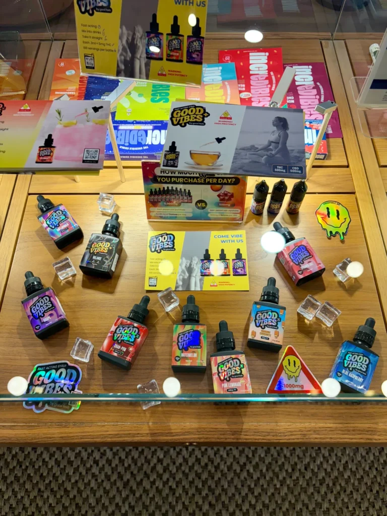 A Good Vibes display arranged across the retail counter at The Botanist - Shrewsbury.