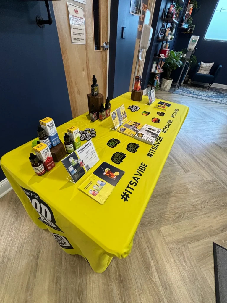 Colorful retail display featuring Good Vibes products at Bask Sun Grown Cannabis – Fairhaven.