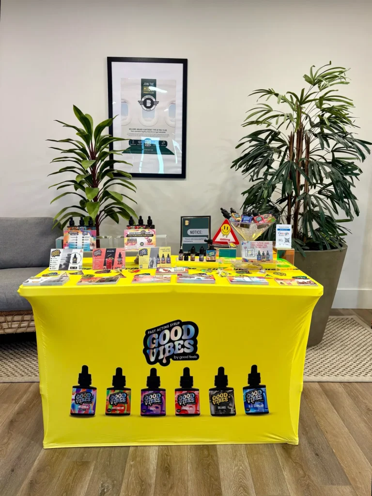 Good Vibes bottles and colorful display cards at The Botanist - Shrewsbury.