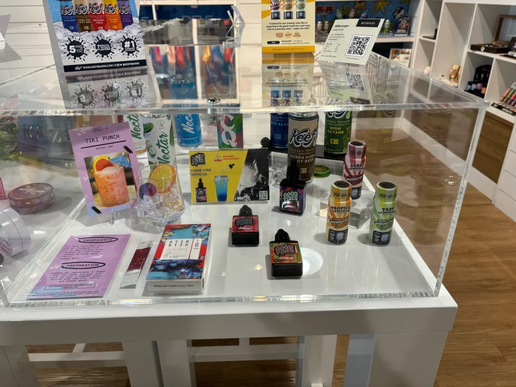 Welcoming bottle and retail display featuring Watermelon and Lemon at South Shore Buds – Marshfield.