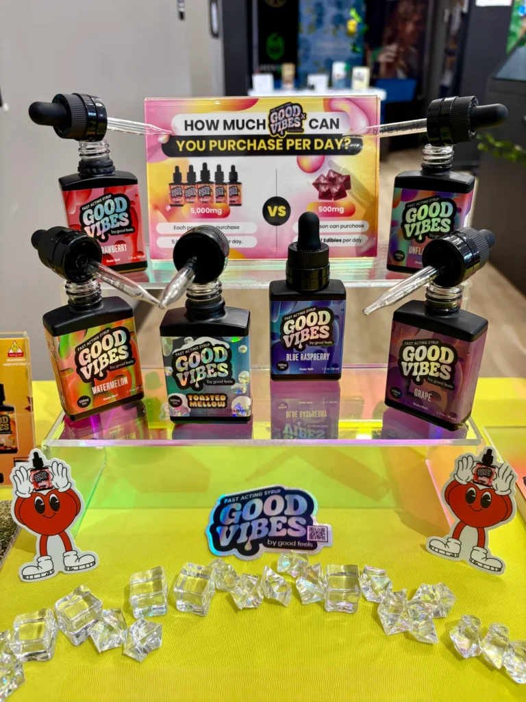 Good Vibes bottles and colorful display cards at New England Harvest - Clinton.