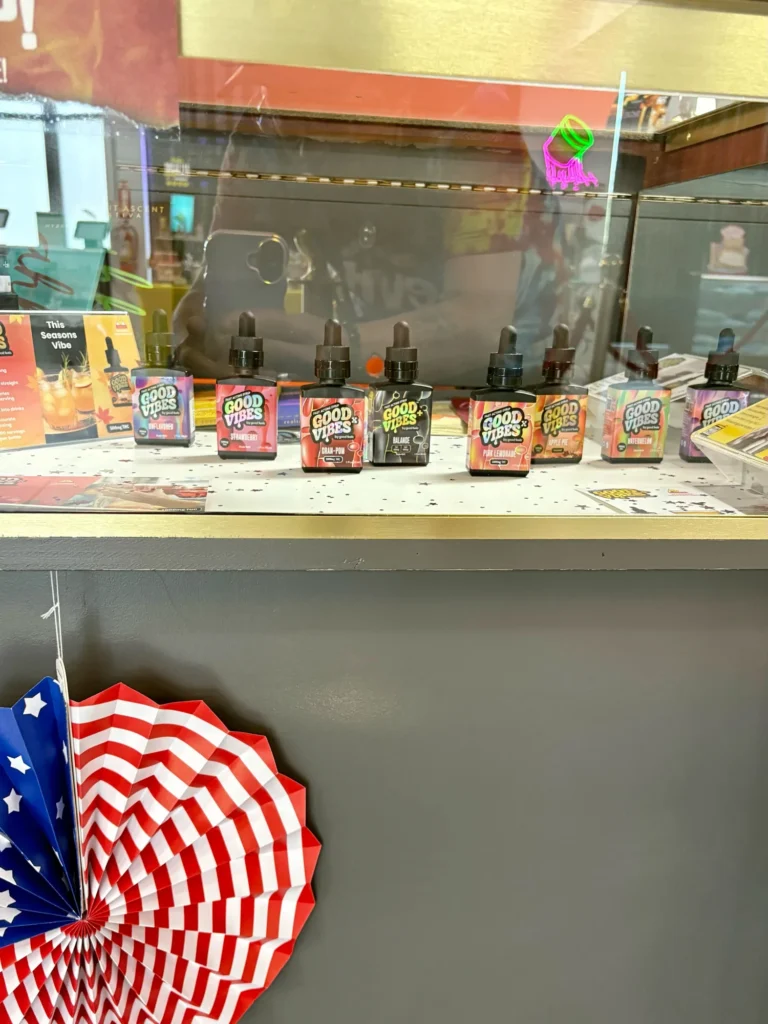 Good Vibes display with Good Vibes packaging and product information at Fyre Ants – Easthampton.