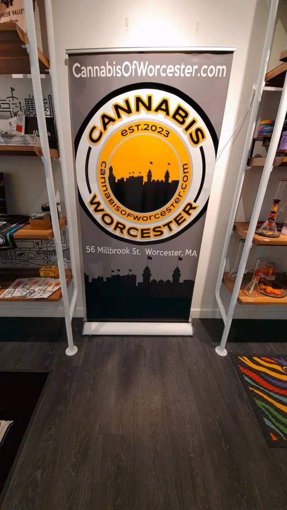 A retail sign anchoring the display at Cannabis of Worcester.