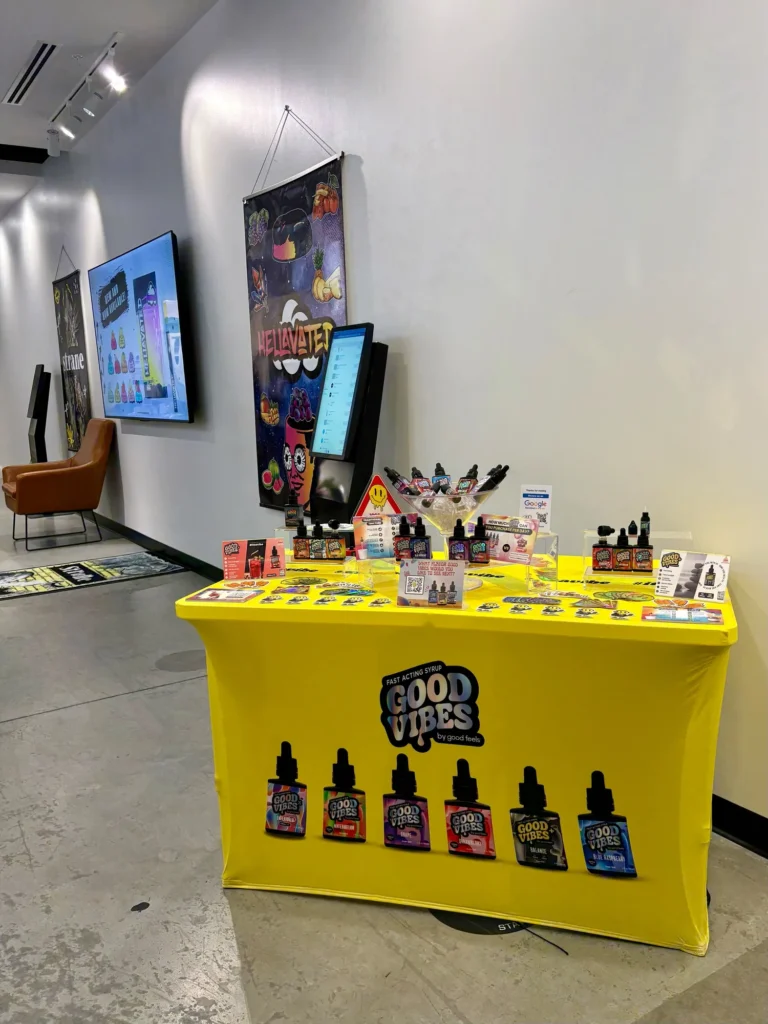 Good Vibes display with Good Vibes packaging and product information at Liberty – Springfield.