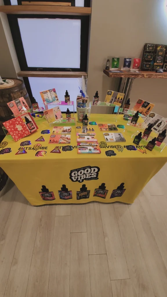 A Good Vibes display arranged across the retail counter at Trade Roots - Wareham.