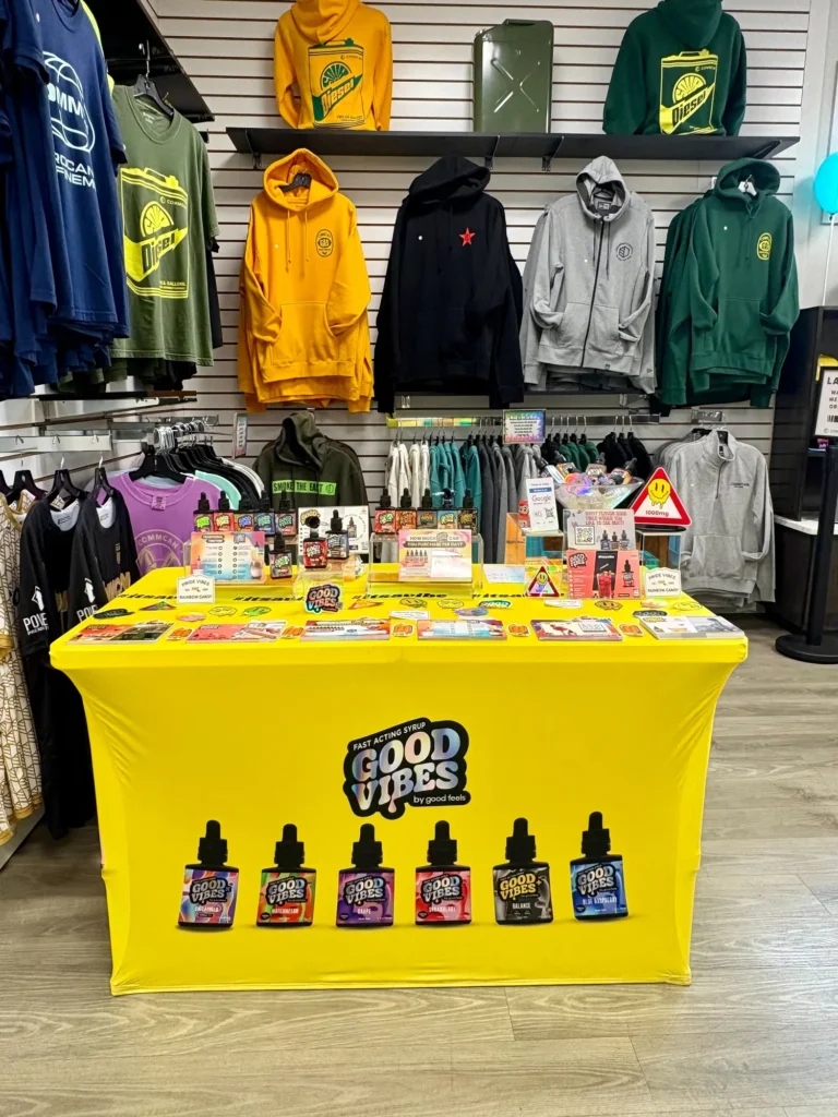 Good Vibes display with Good Vibes packaging and product information at Commcan (Millis).