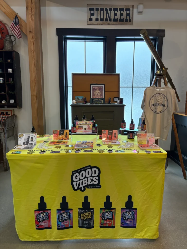 A Good Vibes sign anchoring the retail display at Pioneer Cannabis Co - Brimfield.