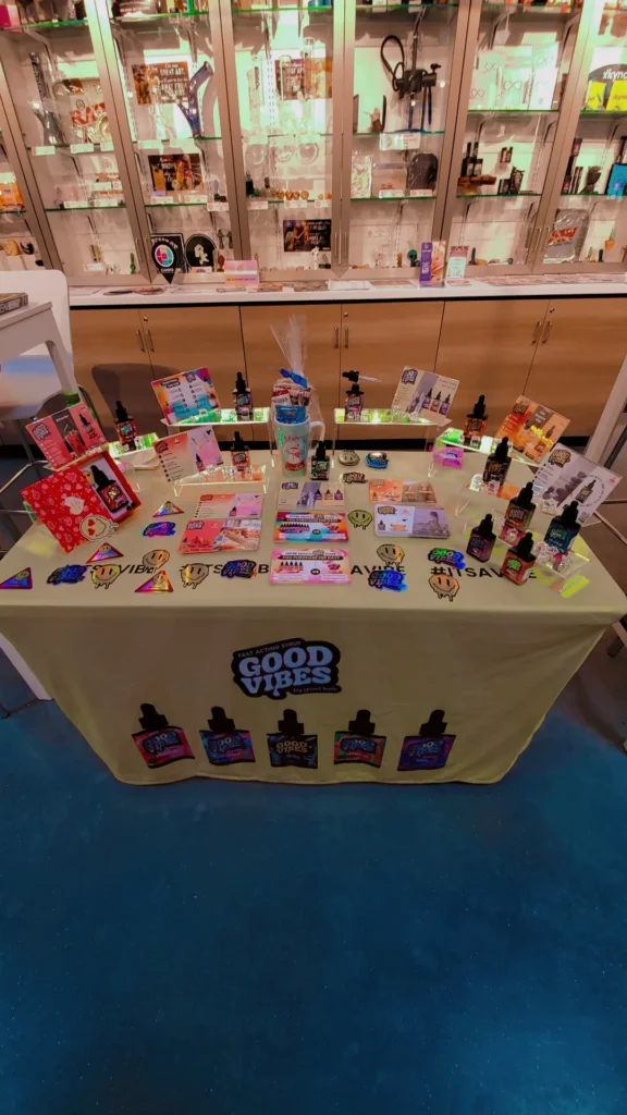 A Good Vibes display arranged across the retail counter at Eastern Cannabis Co - Malden.