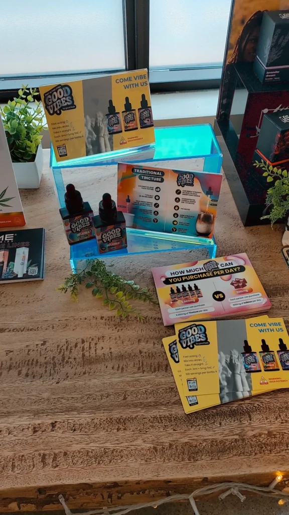 A Good Vibes sign anchoring the retail display at Garden Remedies - Marlborough.