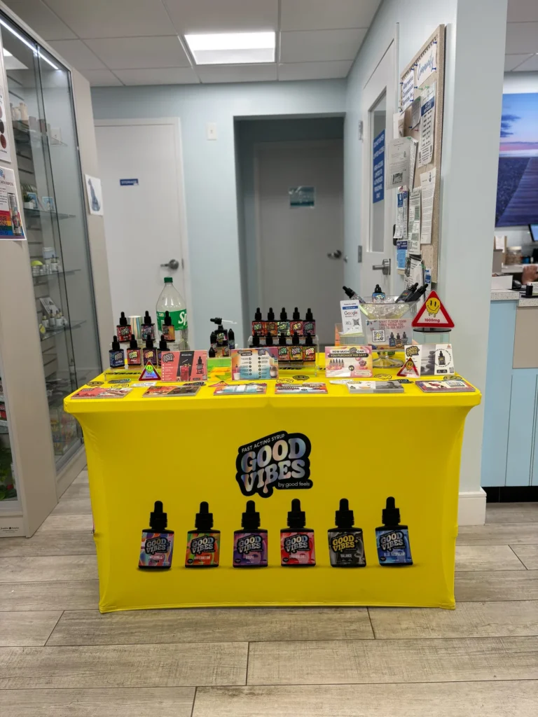 Good Vibes display with Blue Raspberry and Watermelon bottles at Alternative Compassion Services – Medical Only – Hull.