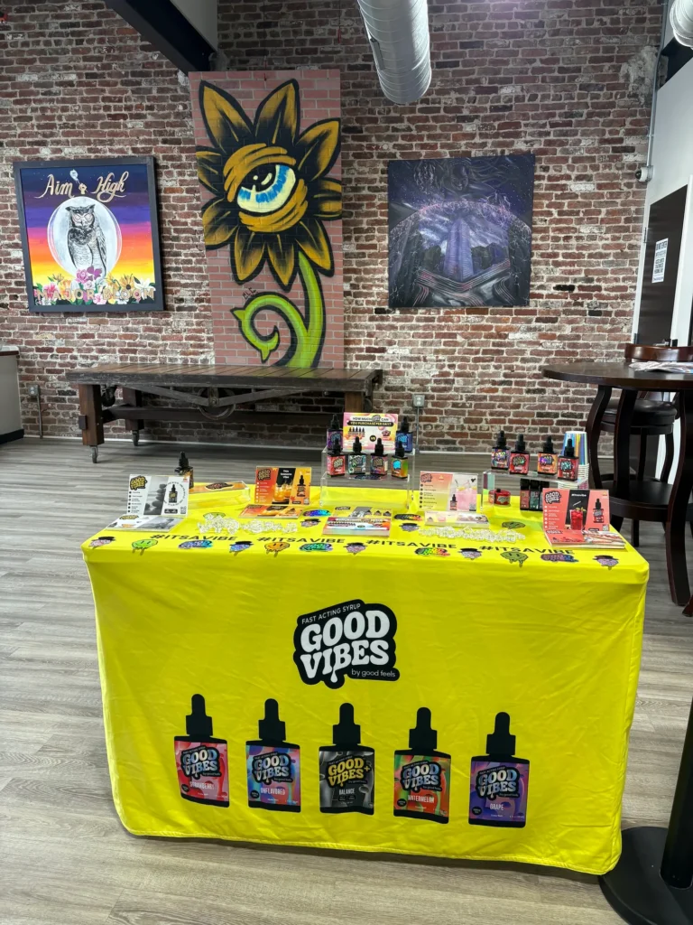A Good Vibes sign anchoring the retail display at Major Bloom - Worcester.
