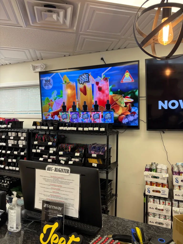 Good Vibes display with Good Vibes packaging and product information at BeWell – Merrimac.