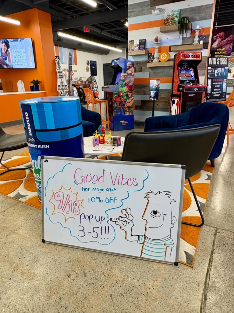 Good Vibes display with Good Vibes packaging and product information at Redi – Newton.