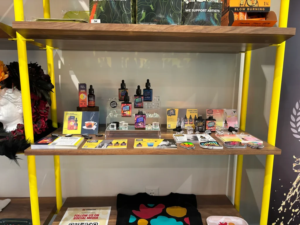 Polished bottle and retail display featuring Good Vibes products at Cheech and Chong – Northampton.