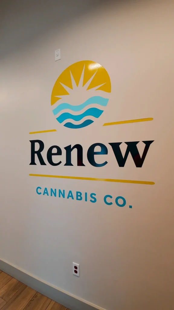A retail sign anchoring the display at Renew Cannabis Co (Berkley).