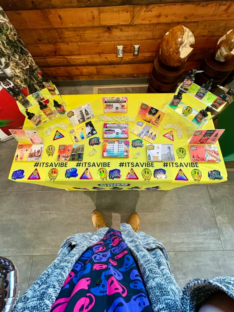 A Good Vibes sign anchoring the retail display at Lazy River (Dracut).