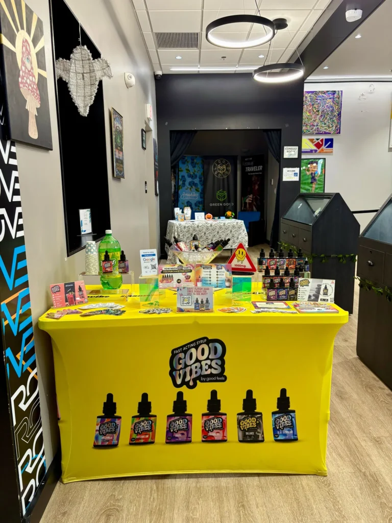 Good Vibes display with Blue Raspberry and Watermelon bottles at New England Harvest – Clinton.