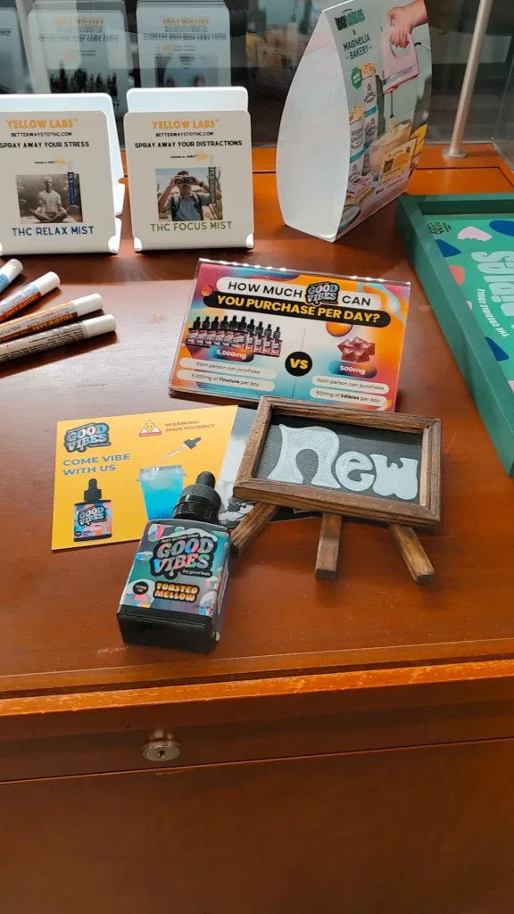 A Good Vibes display arranged across the retail counter at Alternative Compassion Services - Bridgewater.