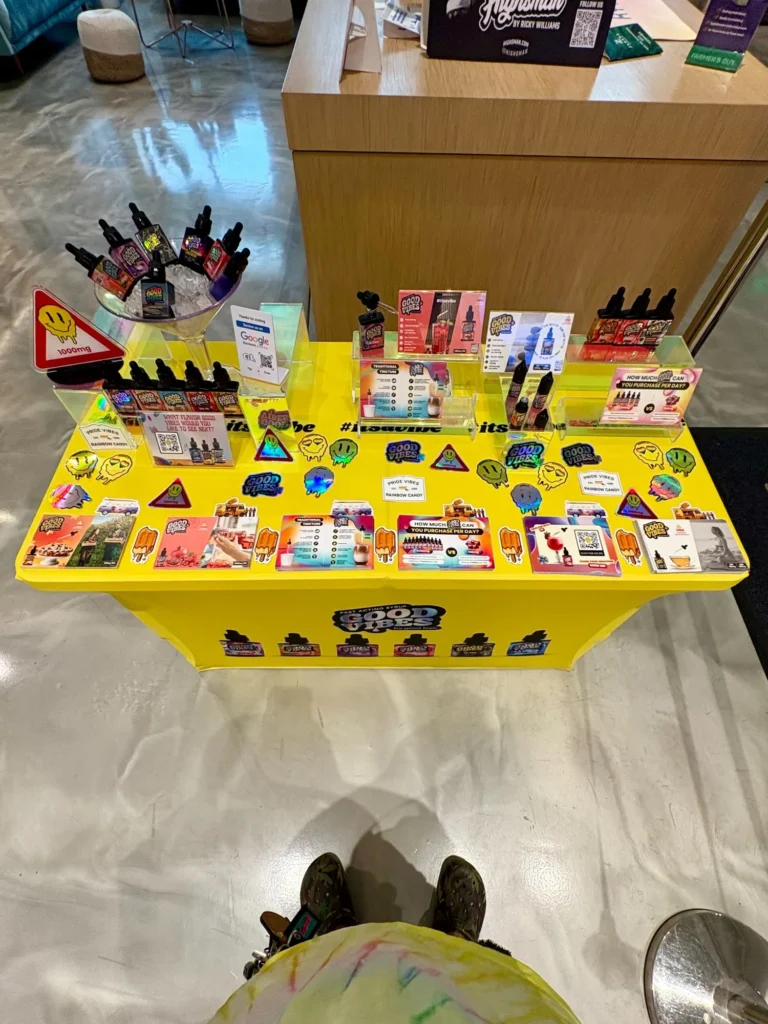 Good Vibes display with Pride Vibes and Rainbow Candy packaging at Zahara Cannabis – Attleboro.