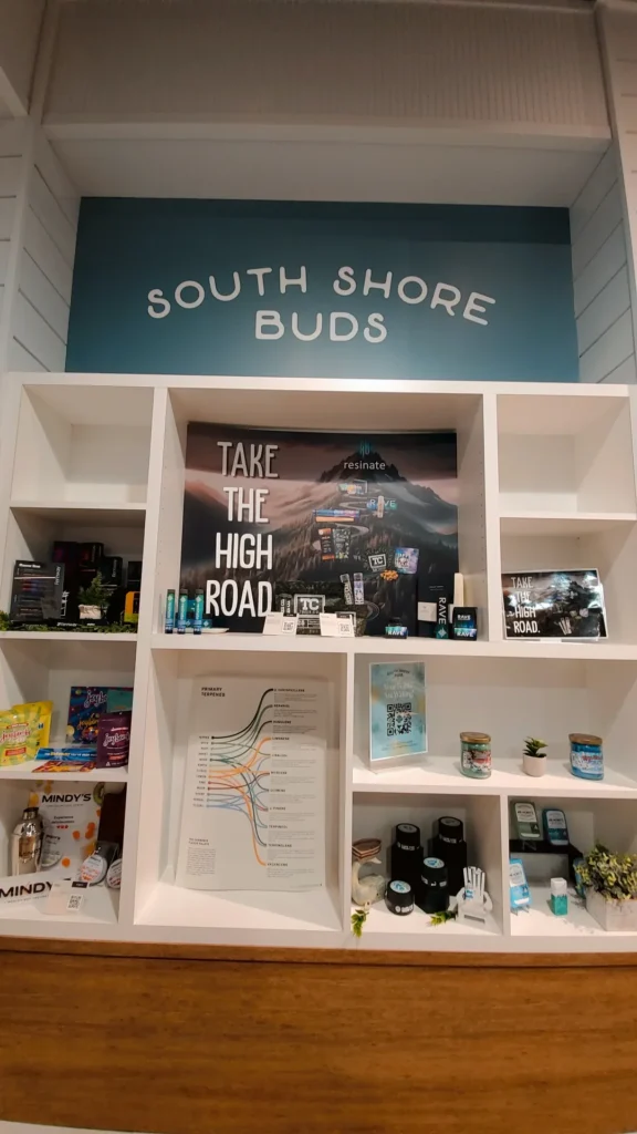 A retail sign anchoring the display at South Shore Buds - Marshfield.