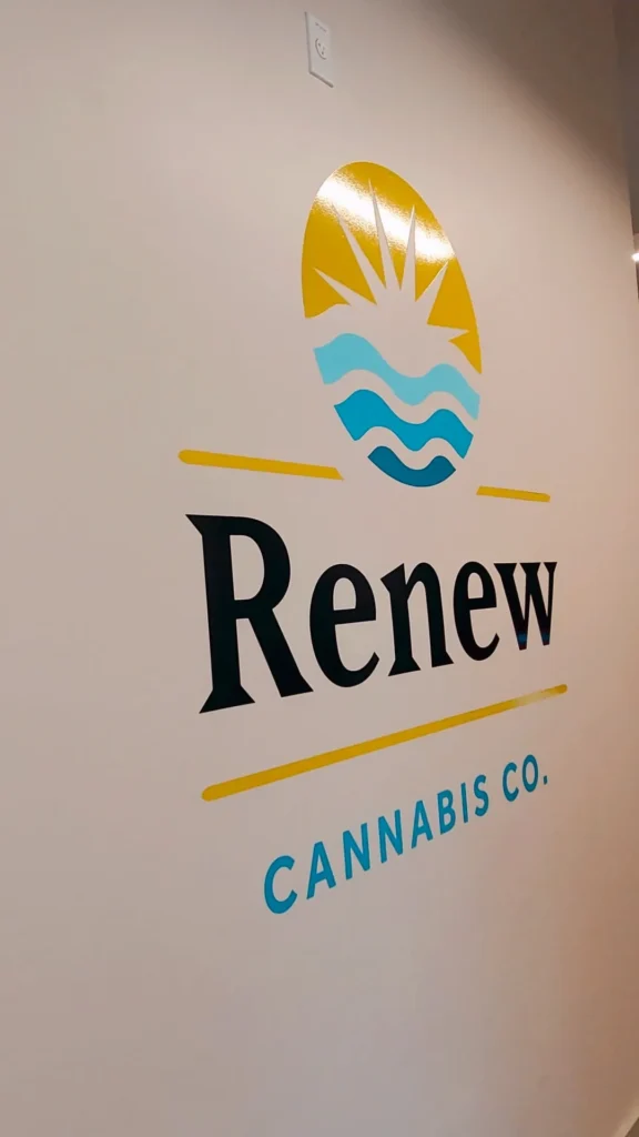 A retail sign anchoring the display at Renew Cannabis Co (Berkley).