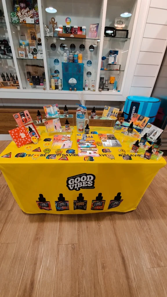 A Good Vibes display set within the shop interior at South Shore Buds - Marshfield.