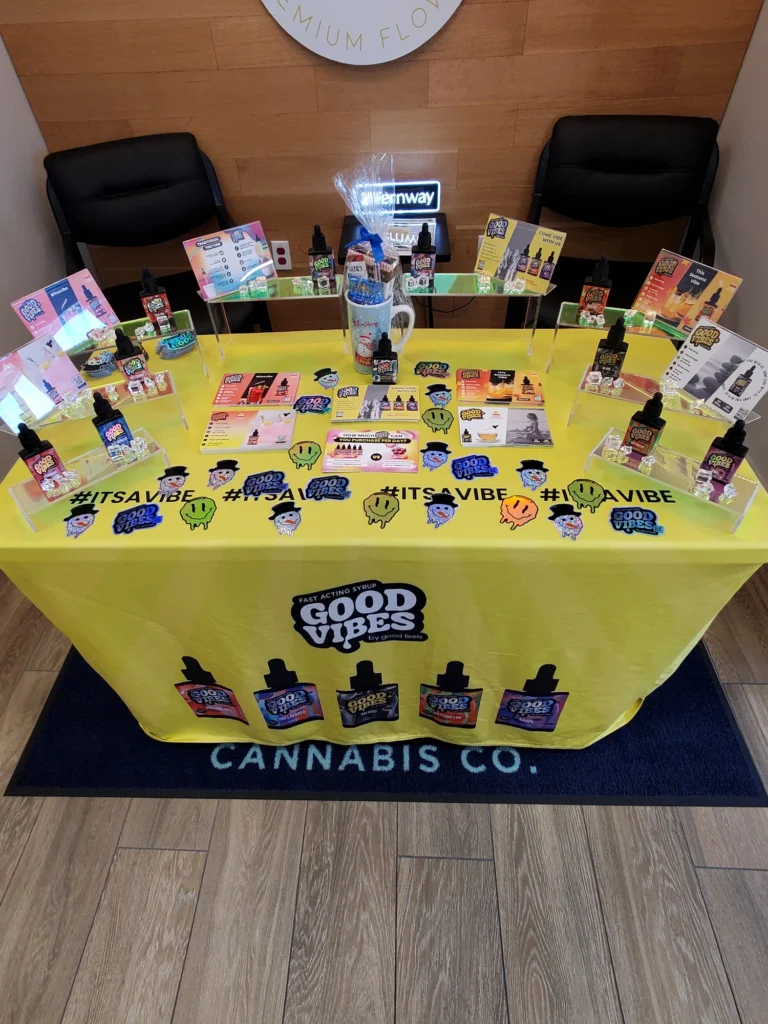 A Good Vibes sign anchoring the retail display at Renew Cannabis Co (Berkley).